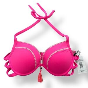 NWT Neon Underwire Tassel Halter Bikini Top